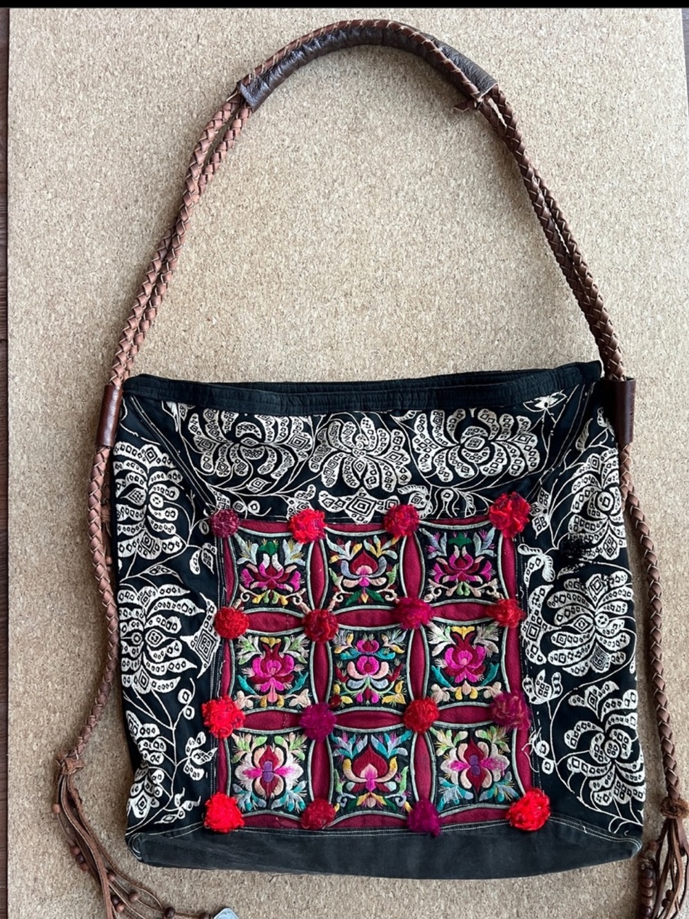 JADEtribe Bohemian Embroidered Black Crossbody Bag with Pink & Red Accents